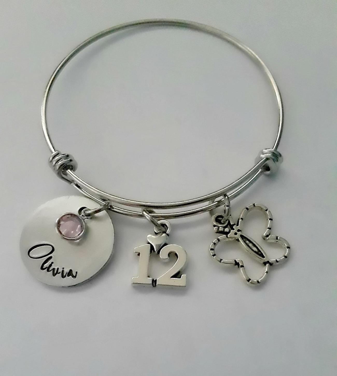 Personalized Happy 12th Birthday Gift for 12 Year Old Girl Expandable Silver Charm Bracelet Adjustable